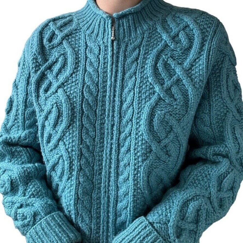 Vintage Womens Teal Blue 100% Wool Chunky Fisherman Celtic Cardigan Sz L - Picture 4 of 6